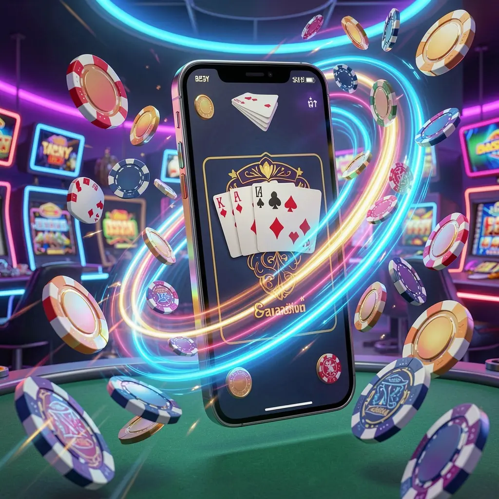 KKKK9 fast casino app access visual showing a smartphone with speed light trails, coins and chips flying around against a modern neon casino background in a dynamic 3D render