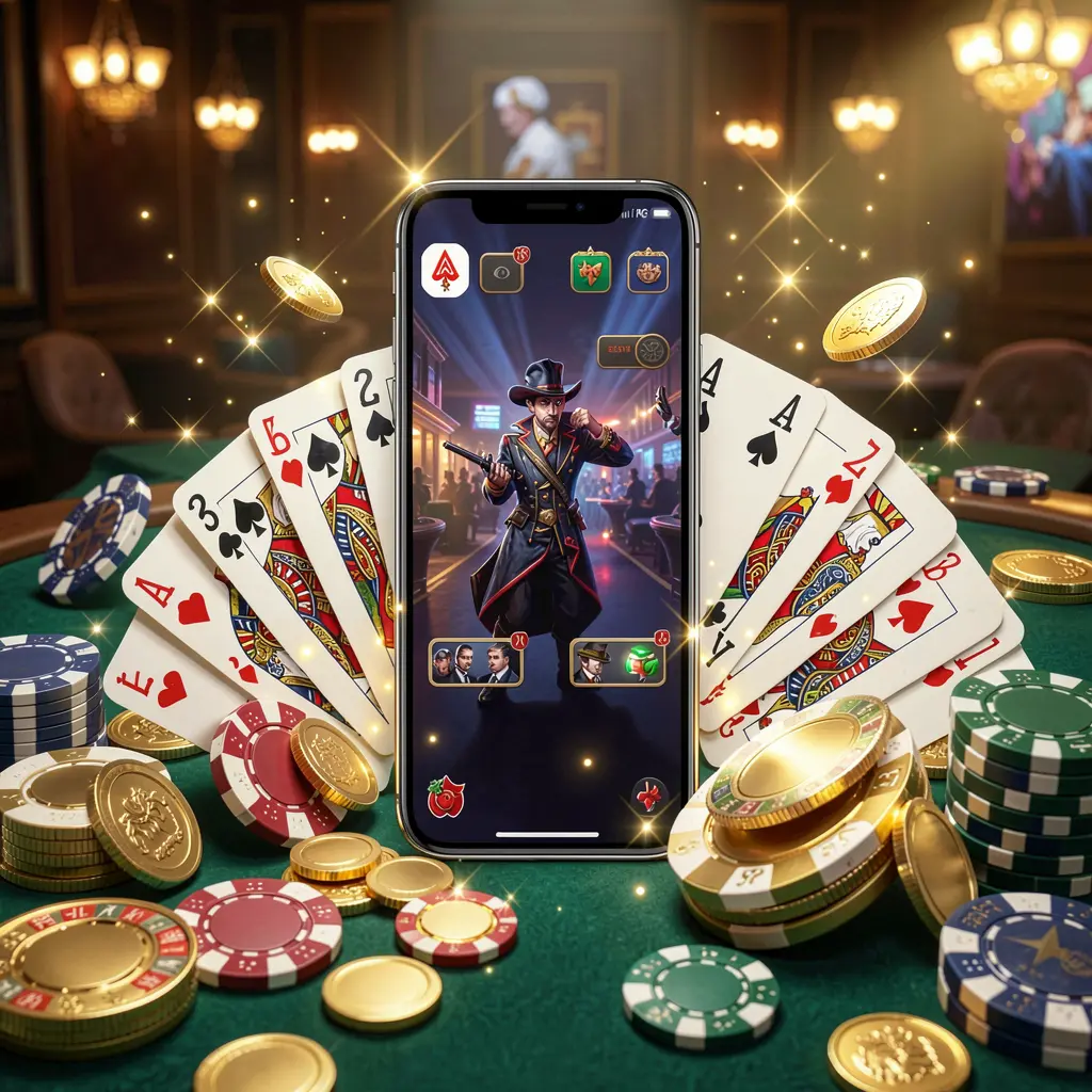 KKKK9 mobile gaming application concept showing a smartphone surrounded by playing cards, roulette chips, gold coins, and sparkling lights in a premium casino style