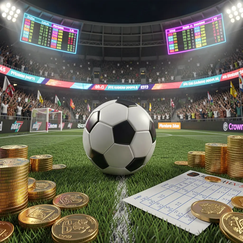 KKKK9 premium sports betting scene featuring a realistic 3D football field with a stadium crowd, a soccer ball, golden coins, betting slip elements, and neon odds panels
