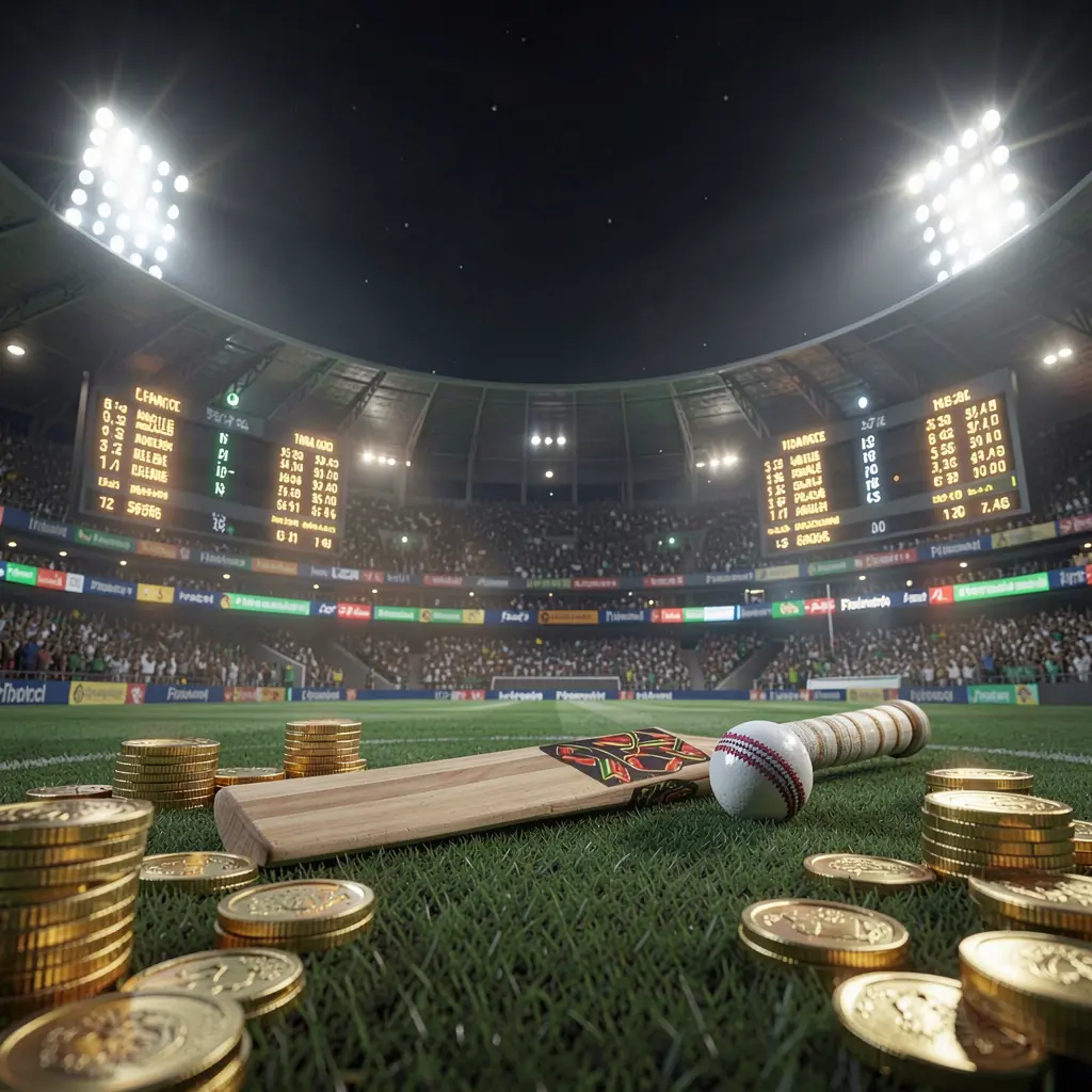 KKKK9 cricket betting hero banner featuring a cricket stadium at night with bright floodlights, a cricket bat and ball on a green pitch, glowing odds panels, and golden coins in a premium dark cinematic 3D render