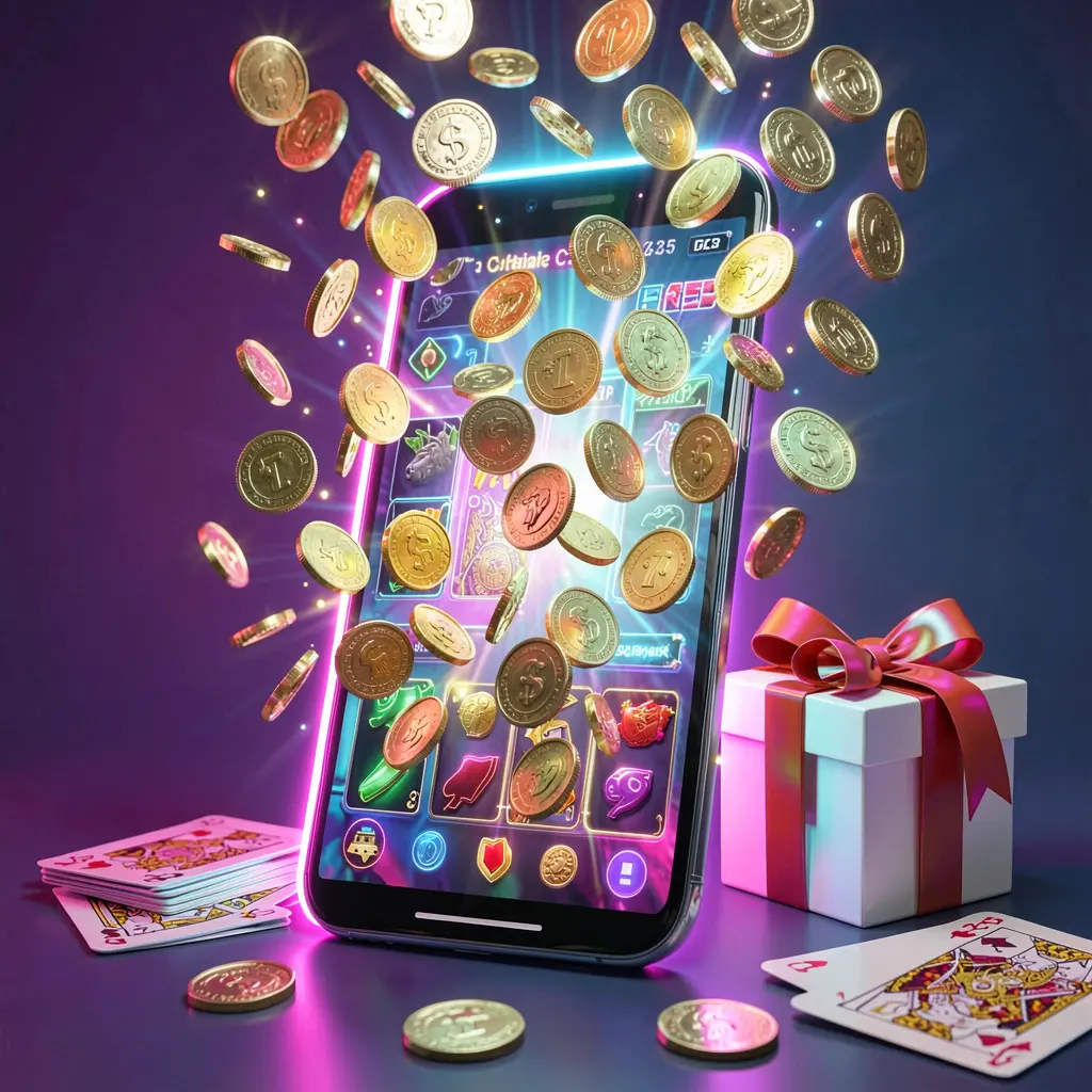 KKKK9 mobile casino bonus banner featuring a smartphone with coins bursting from the screen, a gift box and playing cards nearby, all illuminated by a bright neon glow in a premium realistic 3D render