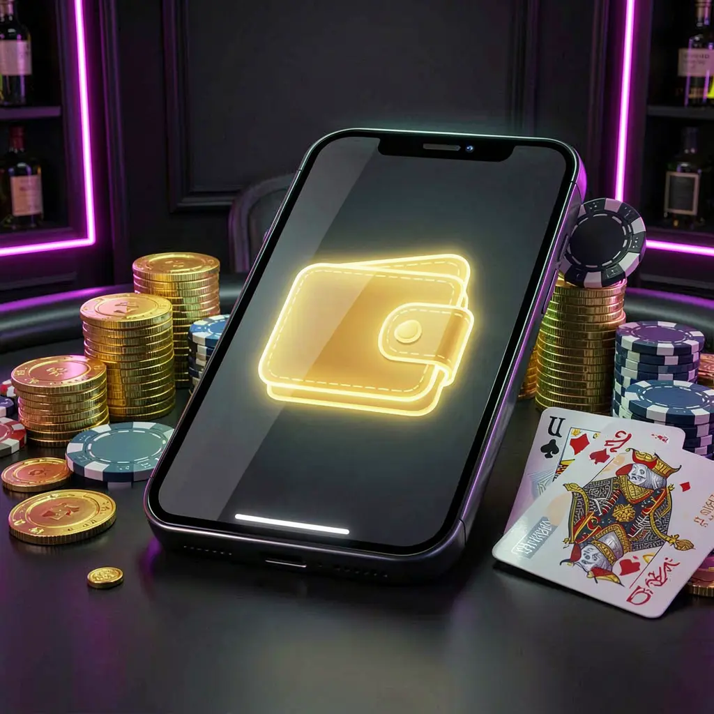 KKKK9 online casino deposit bonus concept with a smartphone screen displaying a glowing wallet icon surrounded by stacks of golden coins, poker chips, and bank cards on a dark luxury background with neon highlights in a realistic 3D illustration