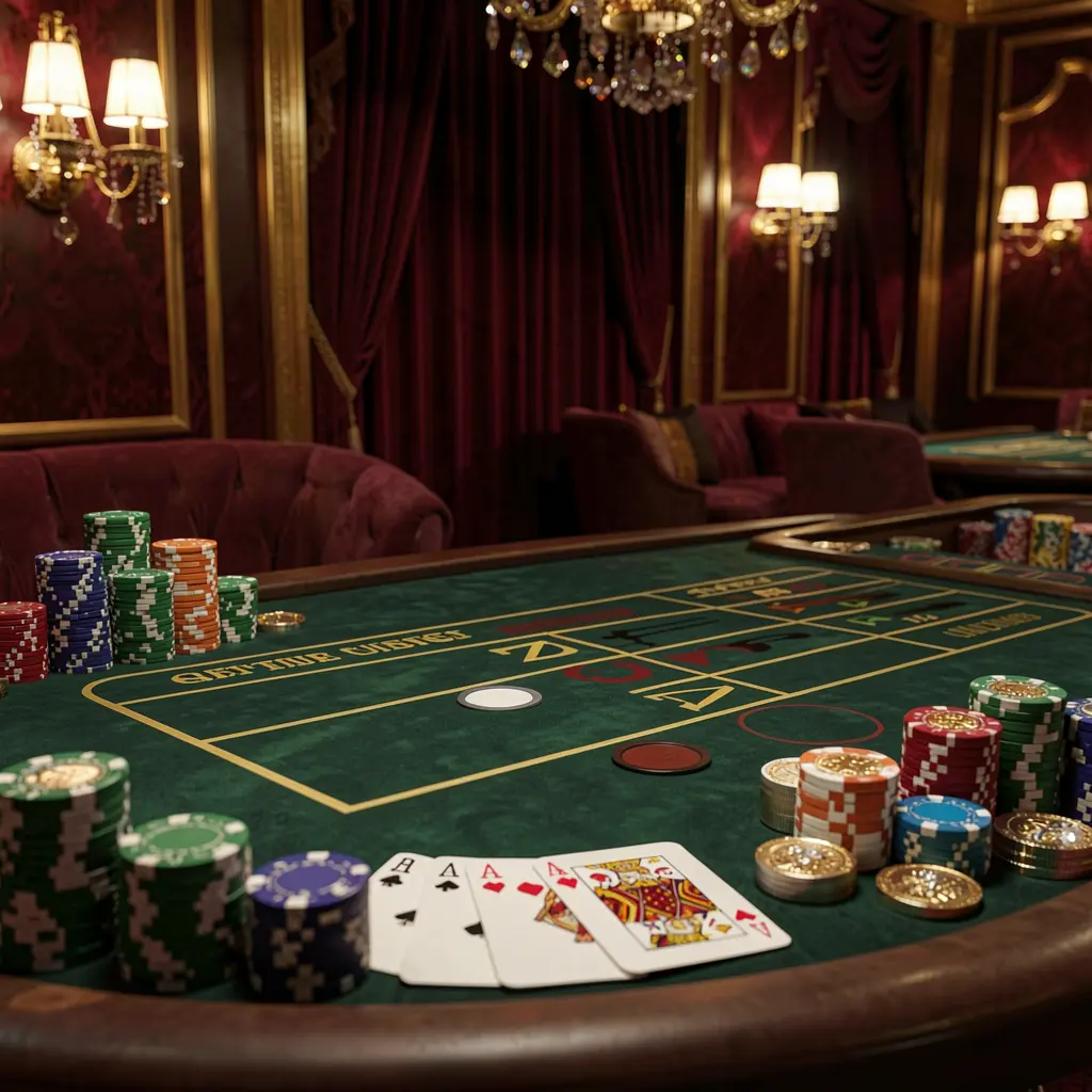Luxury casino scene featuring a blackjack table with poker cards, stacks of chips, and sparkling coins in a dark red and gold setting, showcasing the KKKK9 brand atmosphere