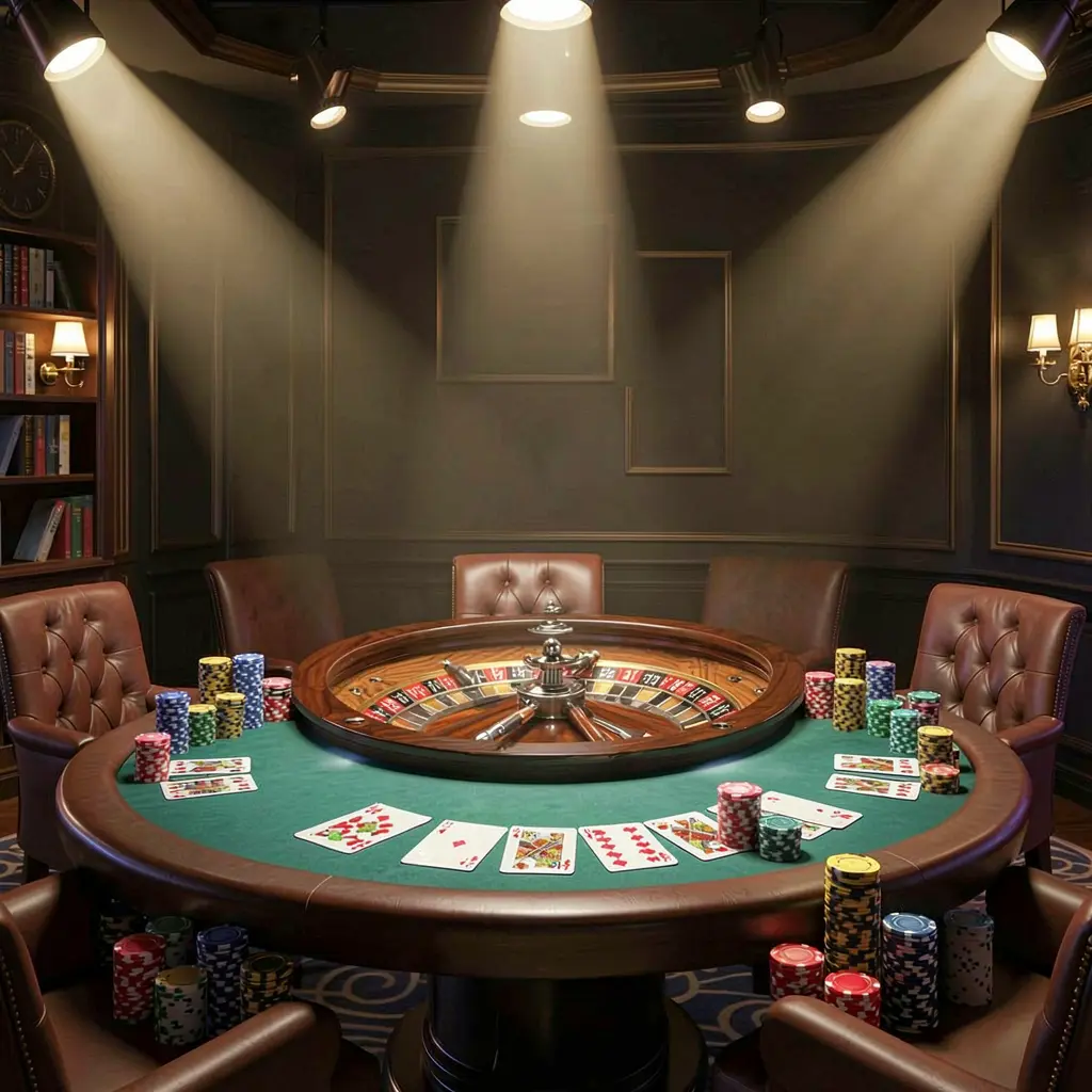 KKKK9 live casino scene featuring a roulette table, playing cards, and chips under glowing spotlights with a dark elegant background in a cinematic 3D illustration