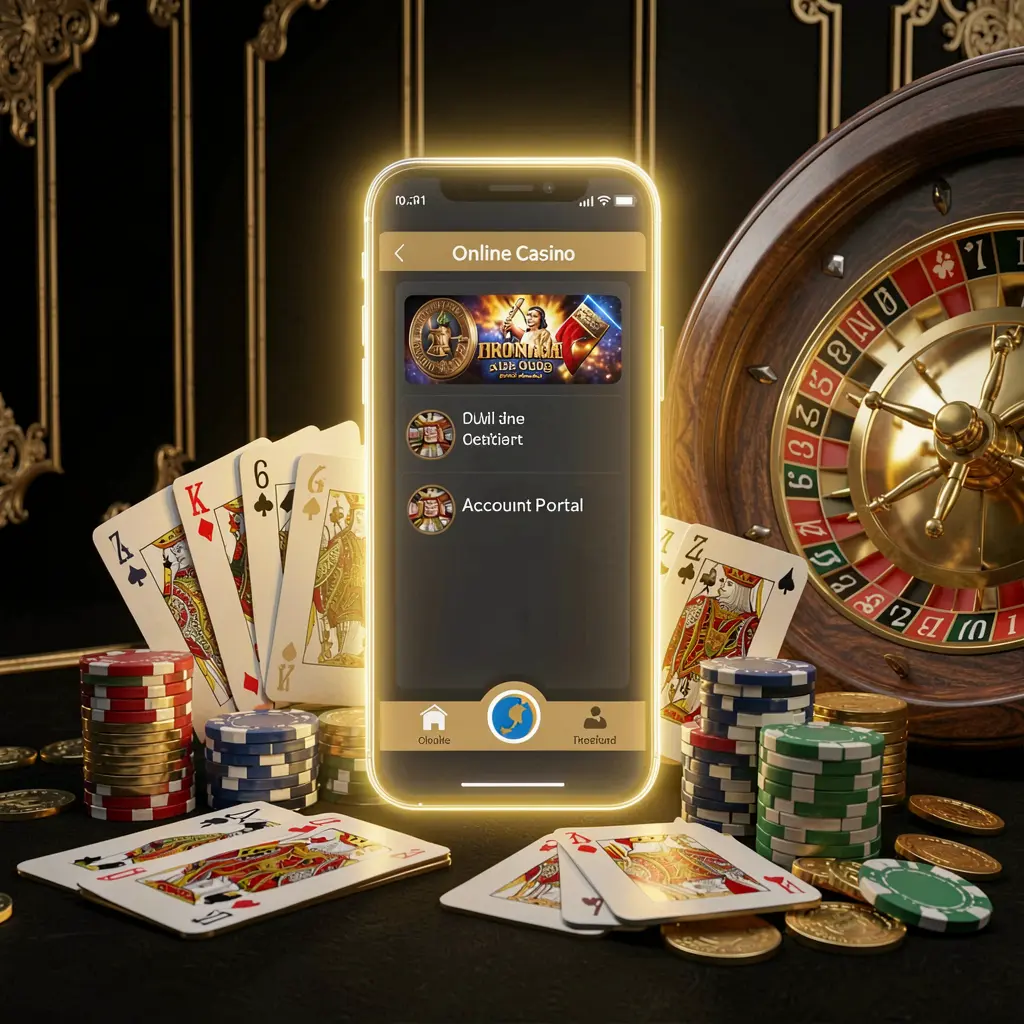 KKKK9 online casino account portal displayed on a glowing smartphone with premium cards, chips, roulette wheel, and coins against a black and gold background with cinematic lighting in a realistic 3D render