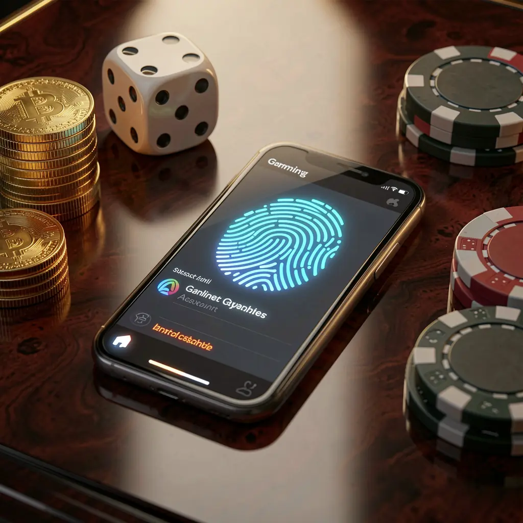 KKKK9 online gaming account access scene featuring a smartphone with a glowing fingerprint icon surrounded by golden coins, dice, and poker chips on a glossy table under cinematic lighting